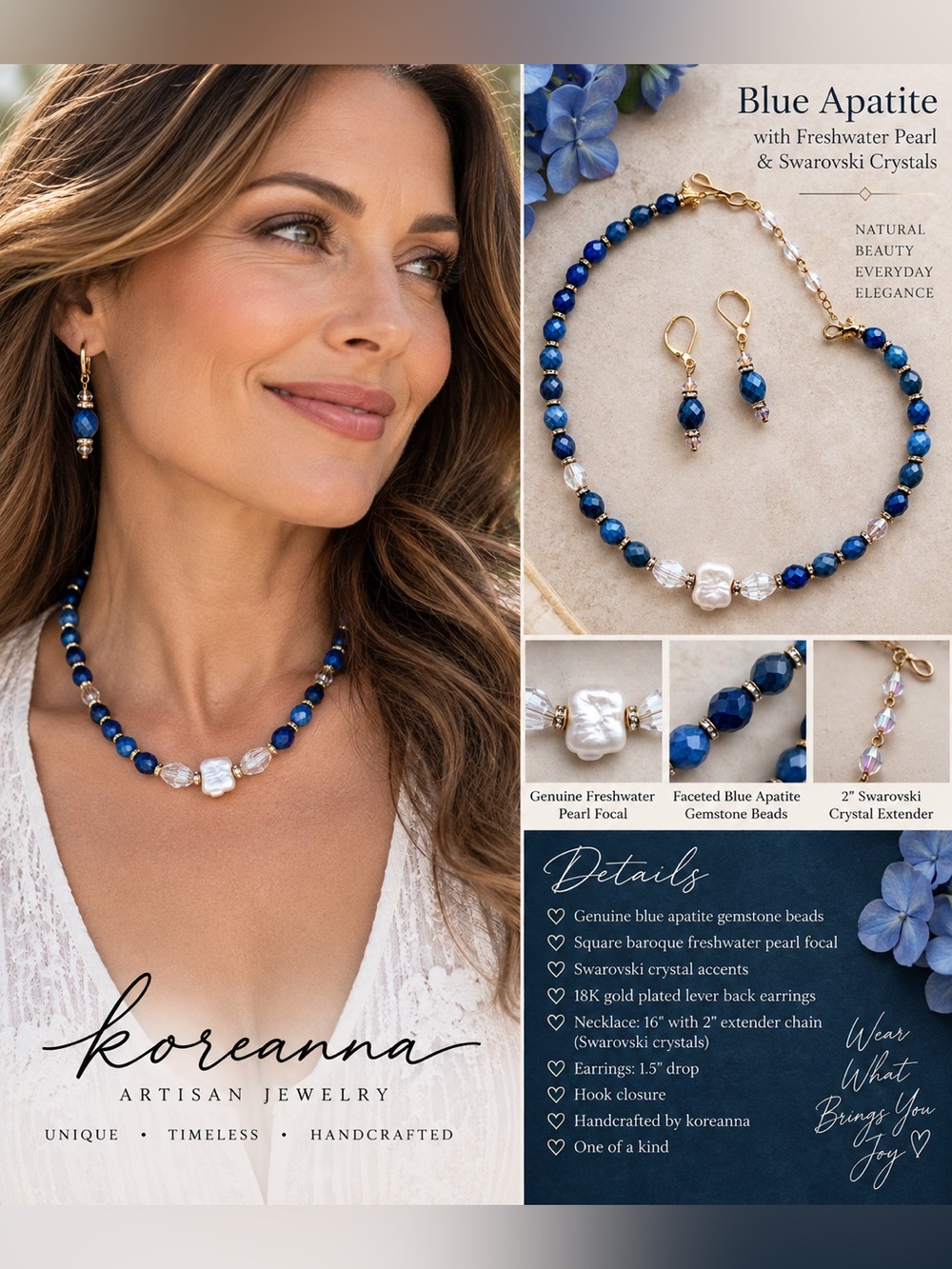 koreanna Blue Apatite Freshwater Pearl Swarovski Necklace Earrings Set